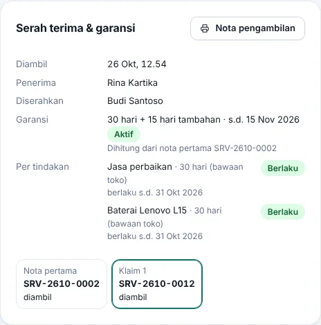 Garansi + tambahan dan rantai nota klaim