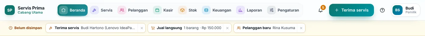 Tab draf di bawah menu utama