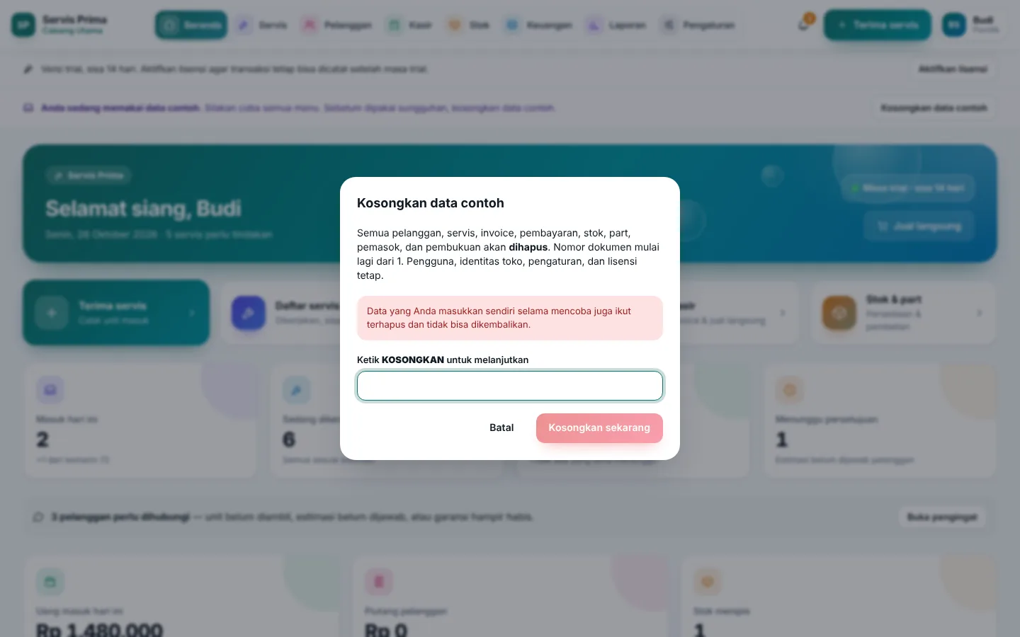 Mengosongkan data contoh sebelum dipakai sungguhan