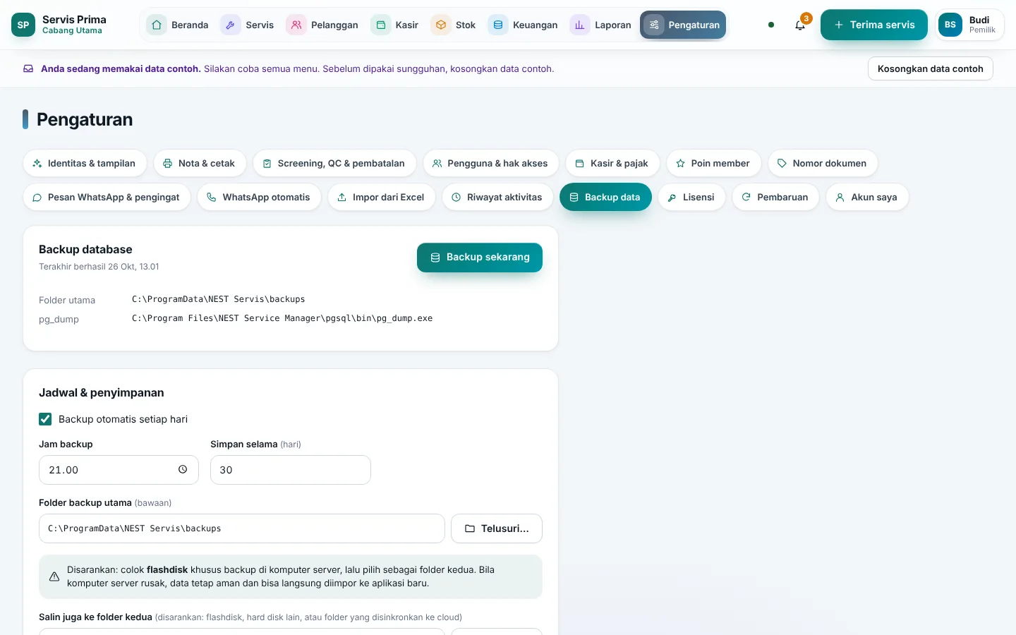 Backup data dan riwayatnya; tanda Teruji berarti sudah lolos uji pulihkan