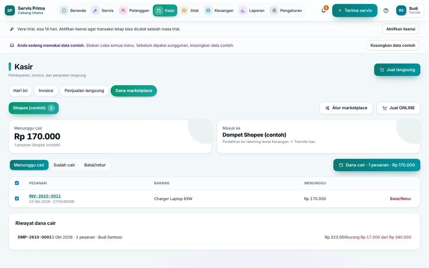 Kasir → Dana marketplace: pesanan menunggu cair dan tombol Dana cair