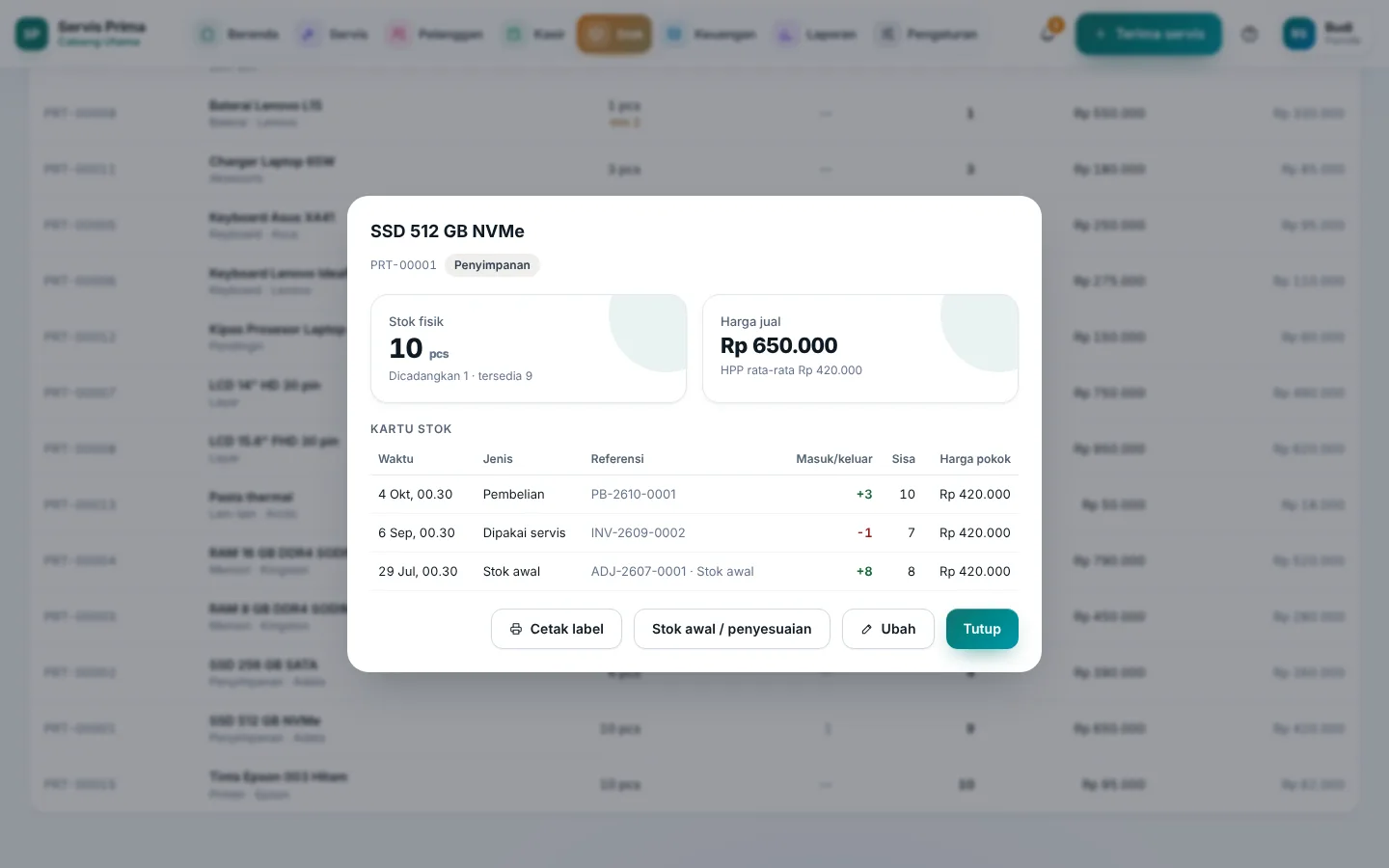 Kartu stok sebuah part dengan HPP rata-rata