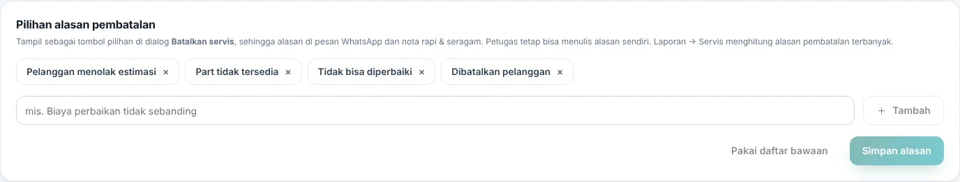 Mengatur pilihan alasan pembatalan