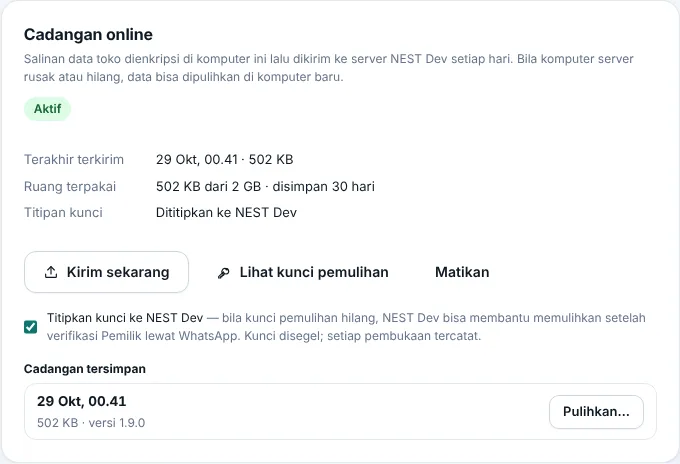 Kartu Cadangan online di Pengaturan → Backup data