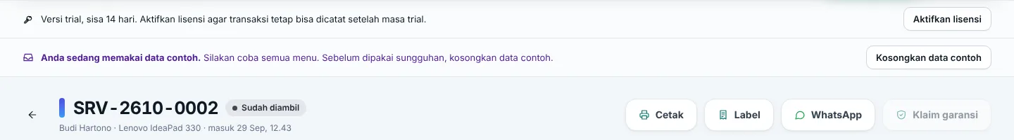 Nota yang sudah diklaim: tombol Klaim garansi nonaktif
