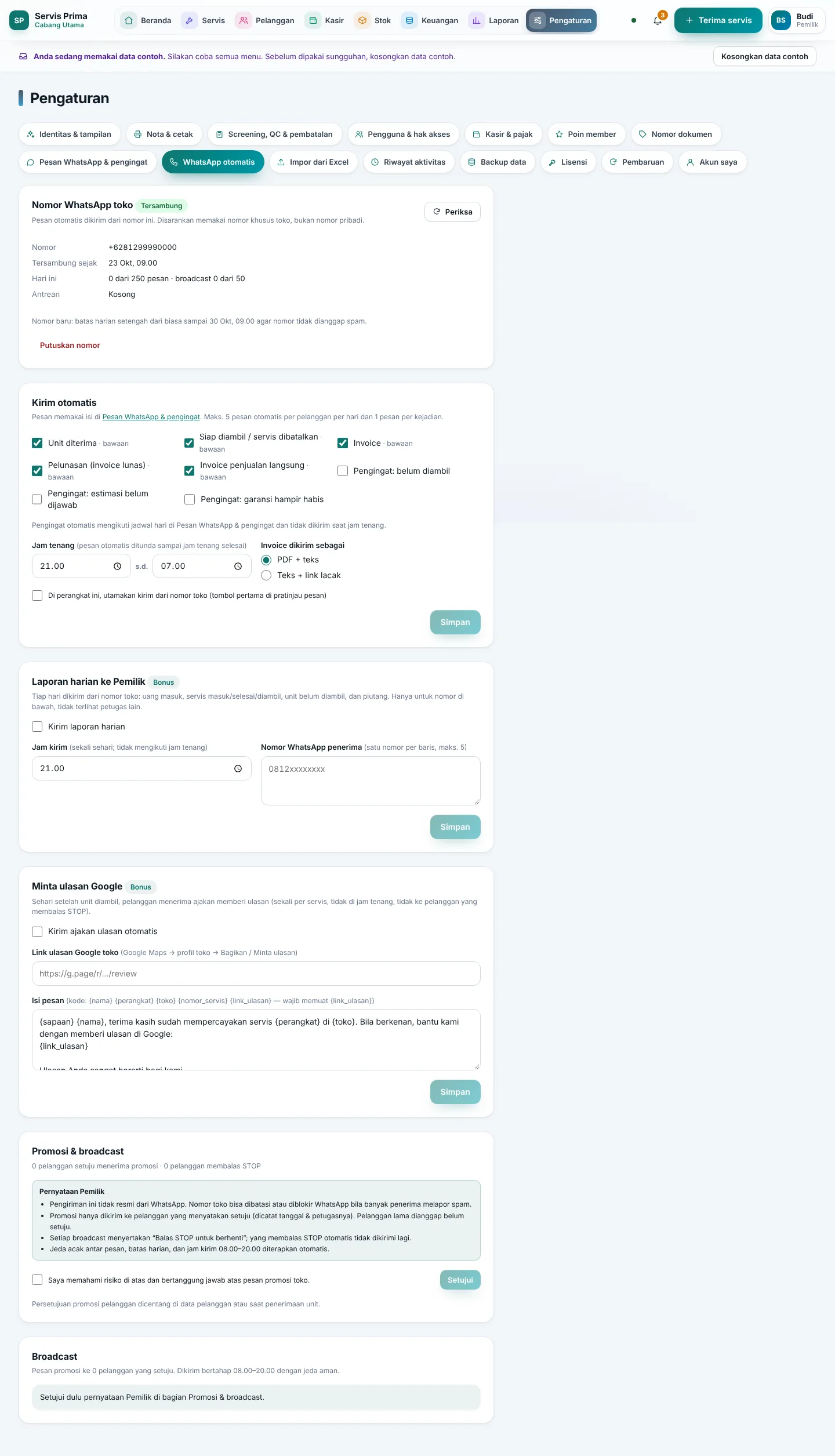 Pengaturan WhatsApp otomatis: nomor toko, kirim otomatis, jam tenang, invoice, promosi
