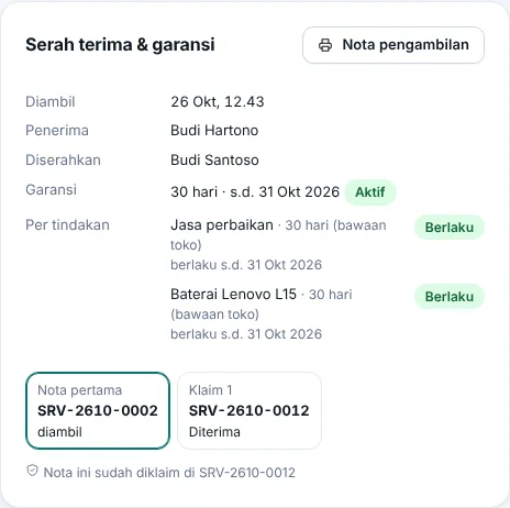 Keterangan klaim di kartu garansi, beserta rantai nota