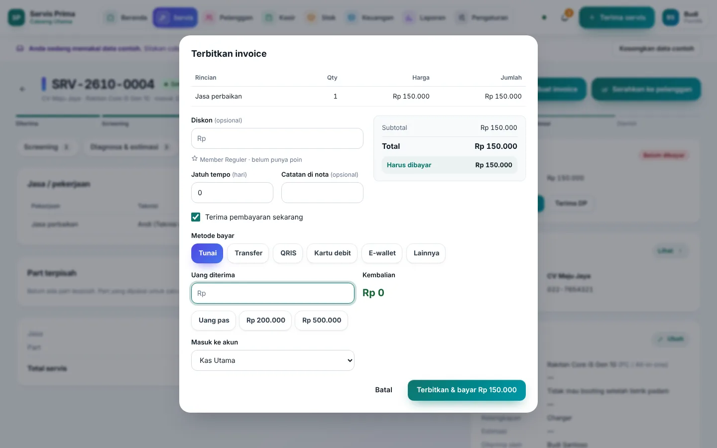 Terbitkan invoice: diskon, DP dipotong, uang diterima, kembalian