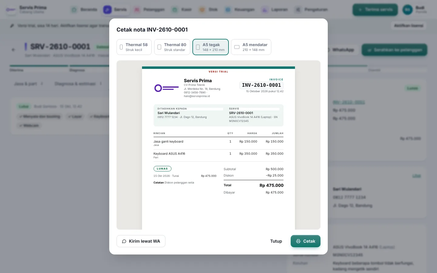 Dialog cetak nota dengan pilihan ukuran kertas
