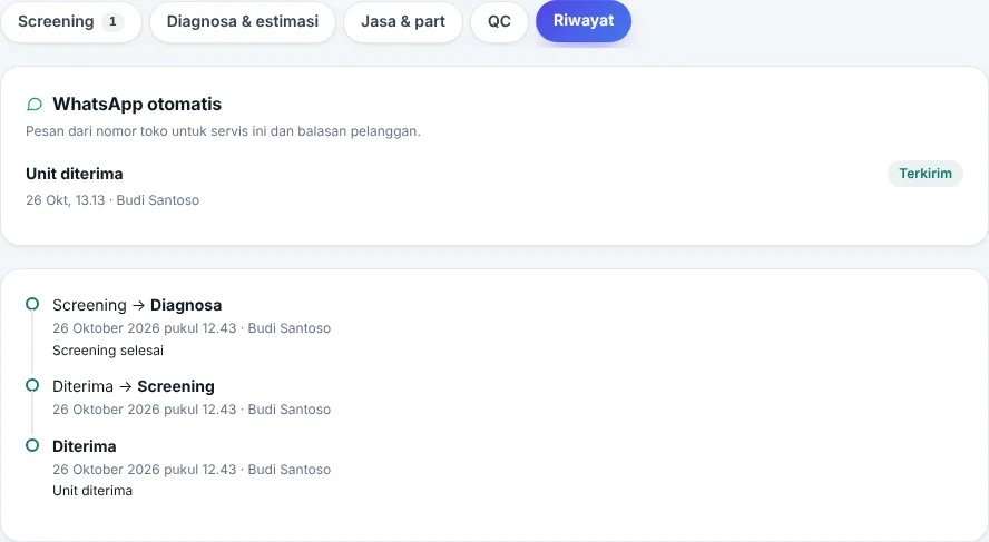 Tab Riwayat servis: status tiap pesan