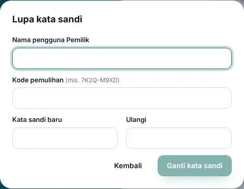 Pemilik mengganti kata sandi dengan kode pemulihan