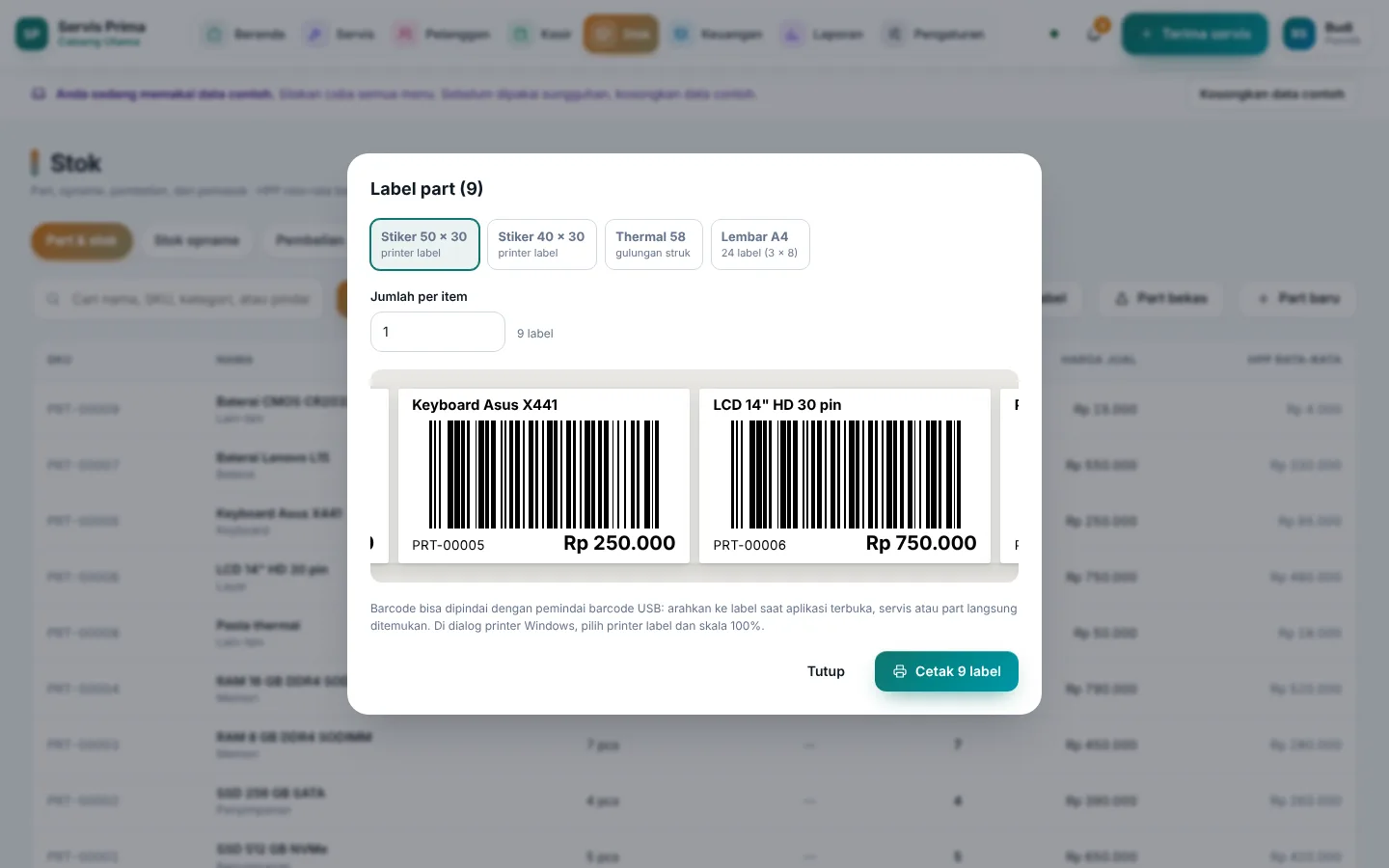 Label part dengan harga