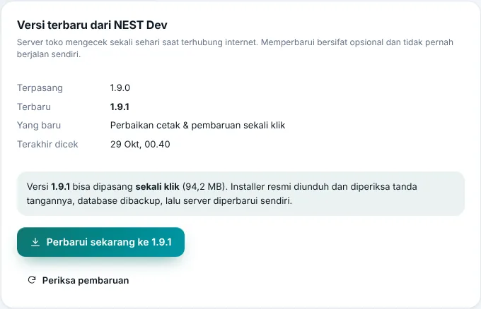 Pengaturan → Pembaruan: tombol Perbarui sekarang dan tahap pemasangan