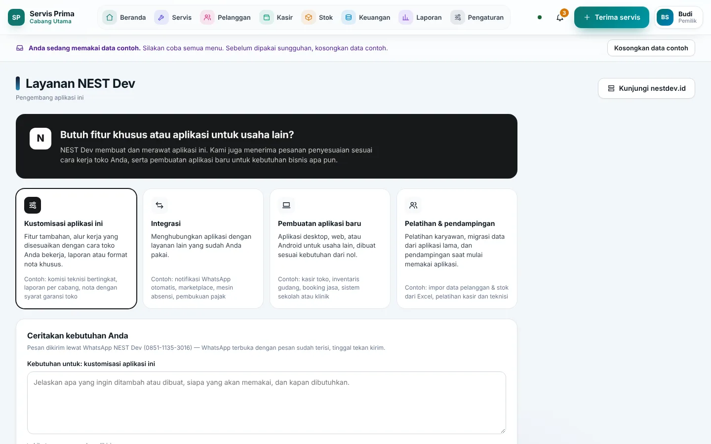 Layanan NEST Dev: kartu Melaporkan masalah aplikasi dengan tombol Unduh paket diagnostik