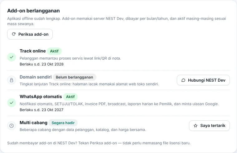 Kartu Add-on berlangganan: status, tanggal habis, dan masa tenggang tiap add-on