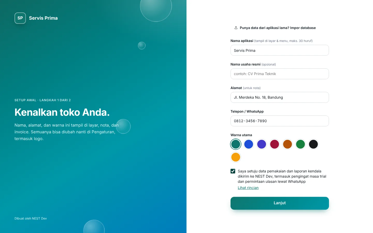 Layar data toko saat penyiapan awal; centang persetujuan ada di atas tombol Lanjut