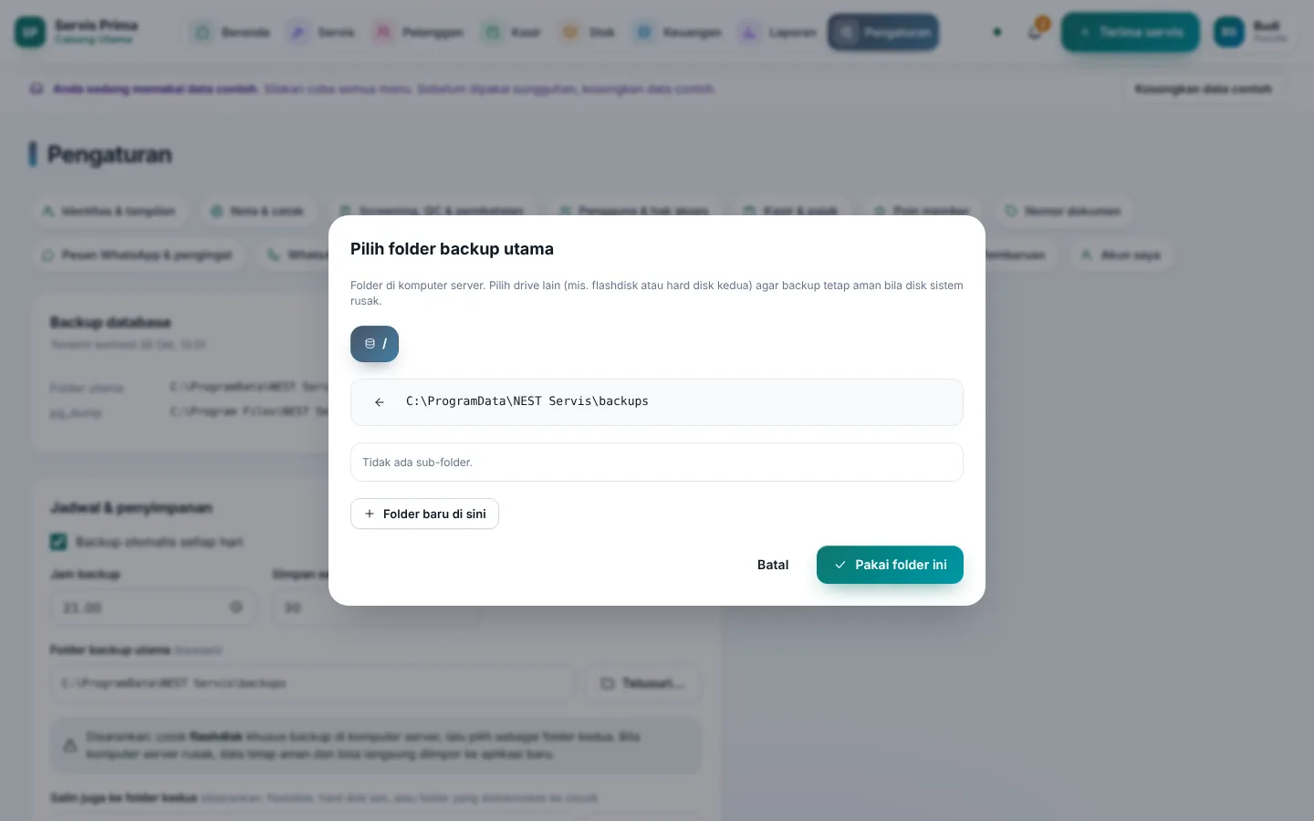 Memilih folder backup di komputer server