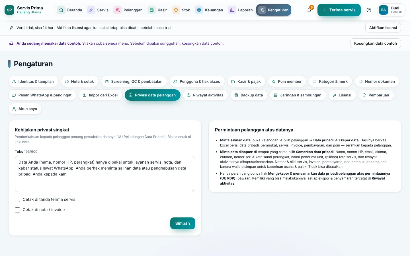Pengaturan Privasi data pelanggan