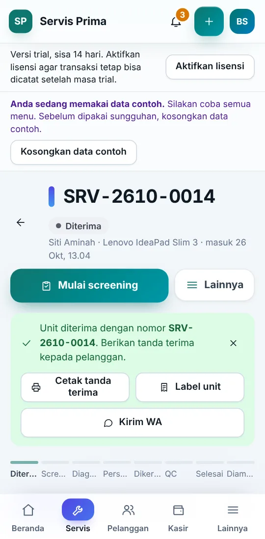 Setelah nota dibuat: tombol tanda terima, label, dan WhatsApp (HP)