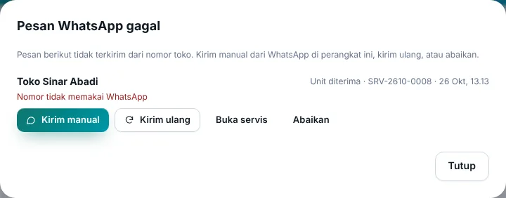 Daftar pesan gagal dengan tombol kirim manual