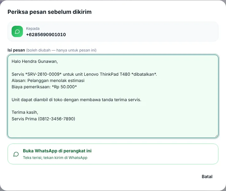 Pesan WhatsApp servis dibatalkan