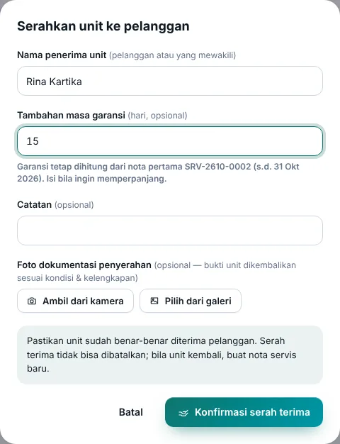 Serah terima nota klaim dengan tambahan garansi