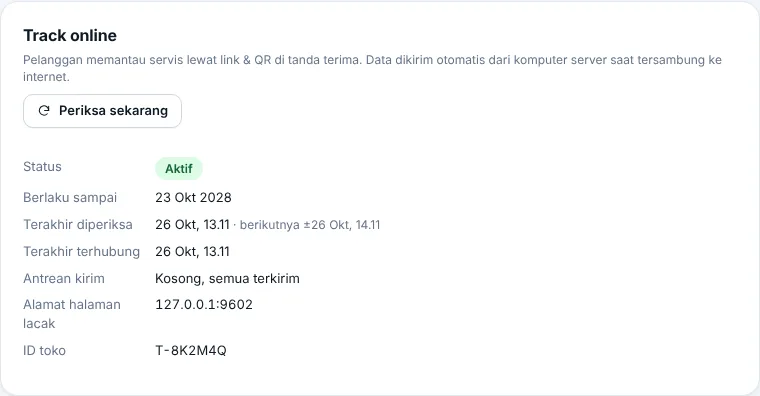 Pengaturan → Lisensi → kartu Track online